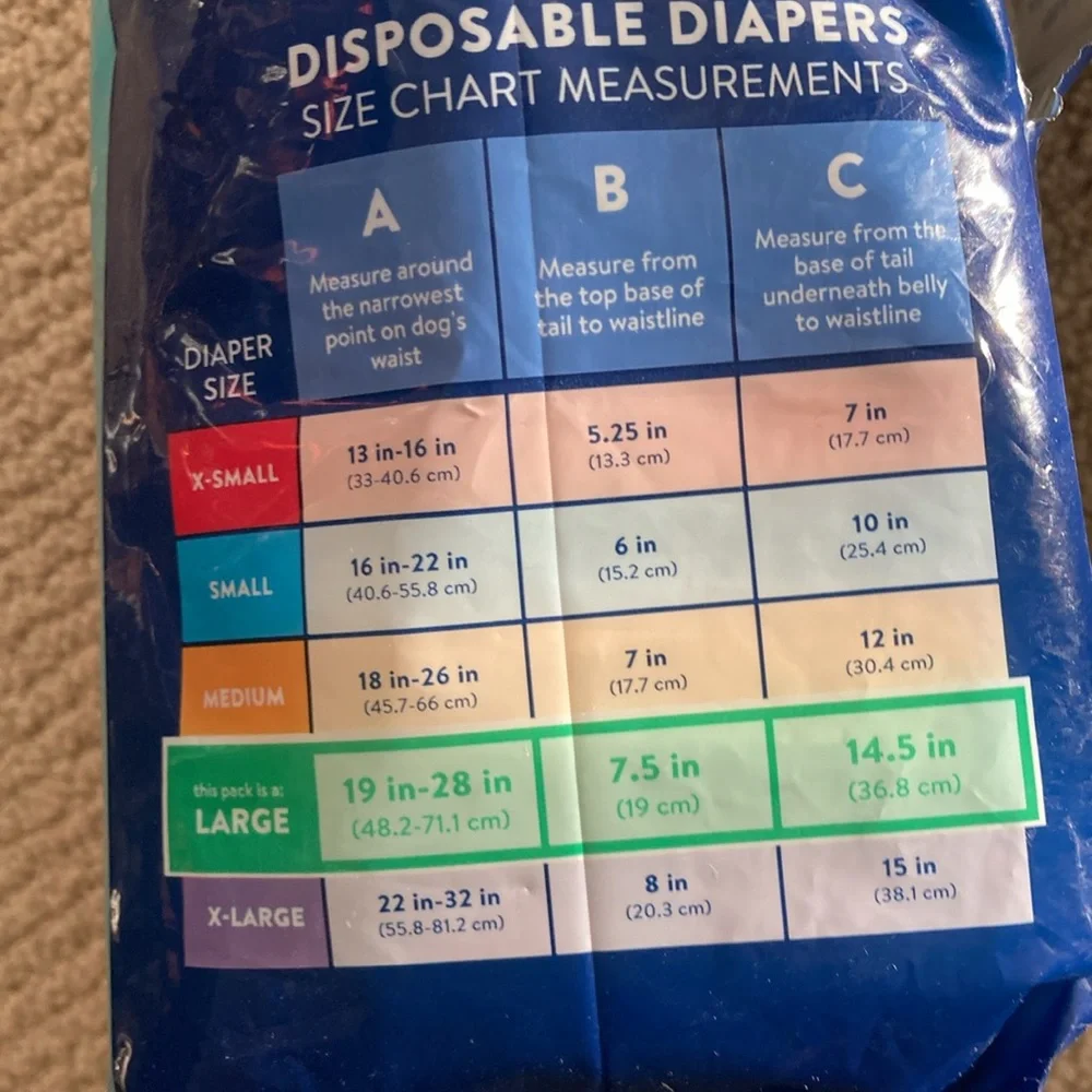 TOP PAW Disposable Diapers Dogs Size Large 7 Count Leak Protection 19”-28” Waist